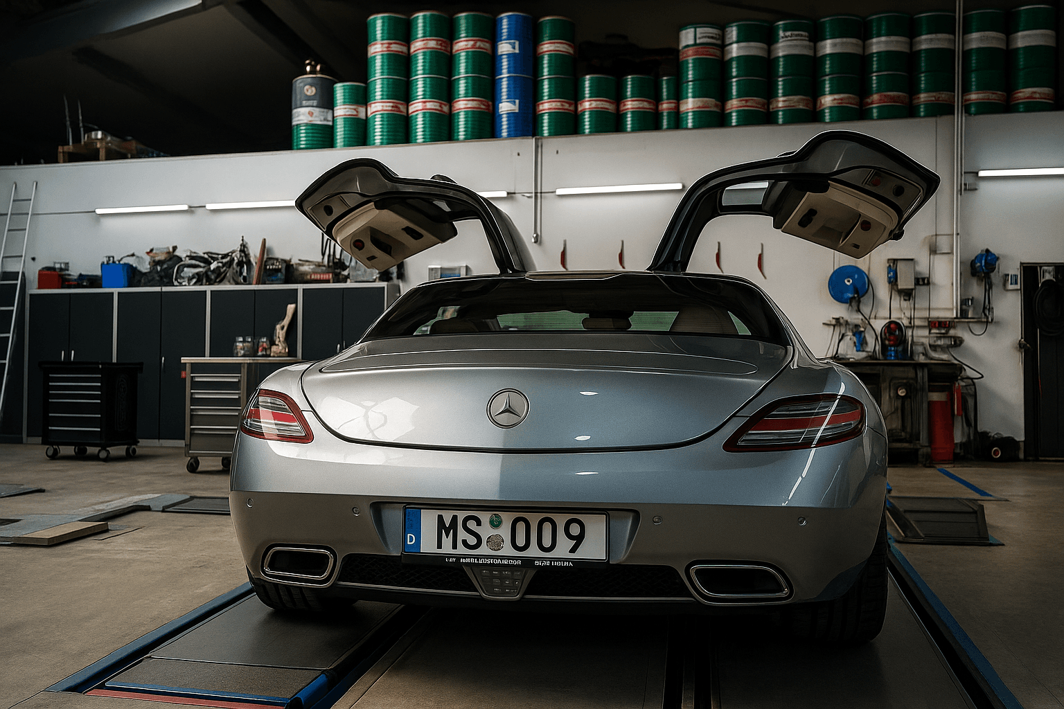 Mercedes SLS AMG MS-009 mit offenen Flügeltüren im Smart Repair Center StarWash Münster