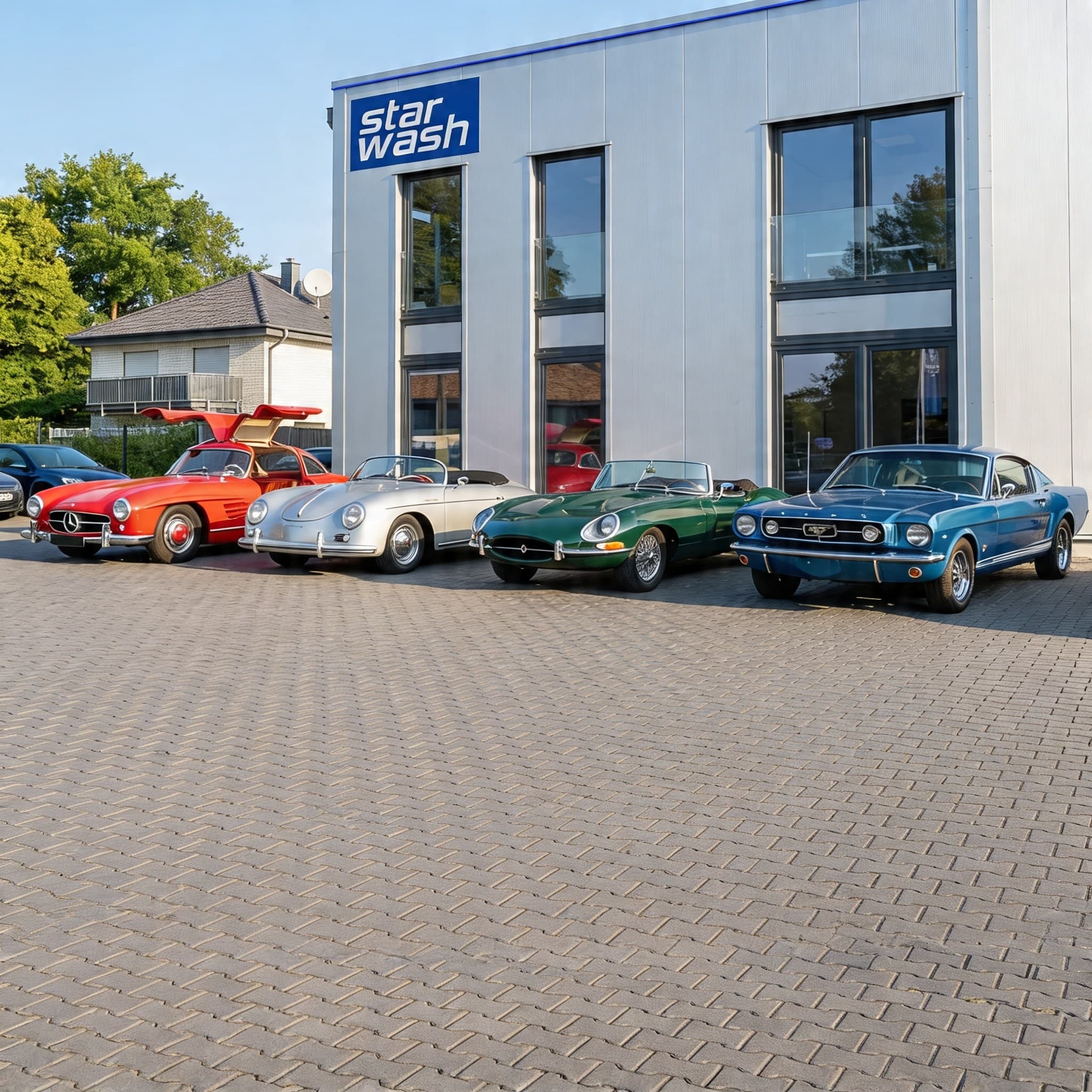 StarWash Firmengelände in Münster-Gievenbeck mit Oldtimer-Flotte